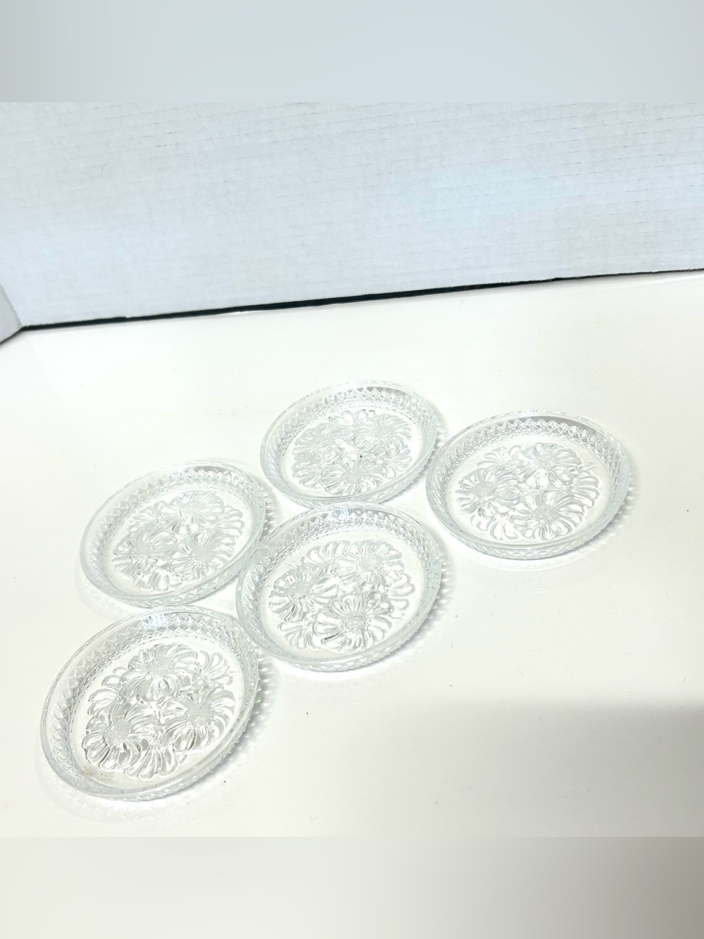Vintage Clear Glass Floral Coasters 3.5 Inch Set of 5